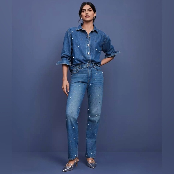 LOFT Pearl High Rise Straight Jeans in Authentic Vintage Mid Wash Embellished - Picture 4 of 11